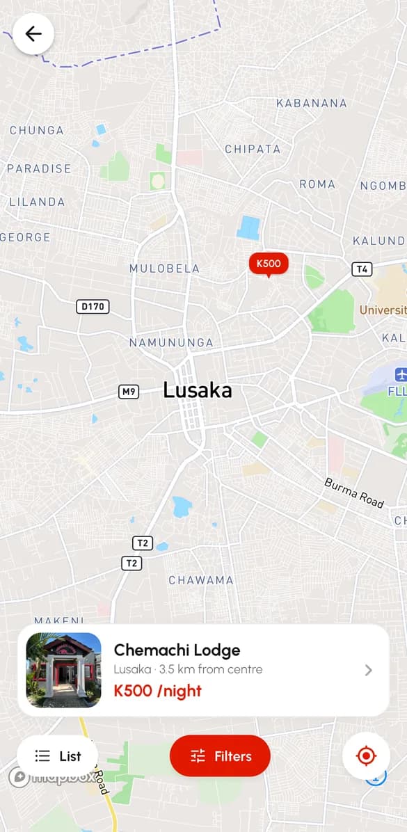 The stays map in the ZamTicket app showing a property's location and price in Lusaka