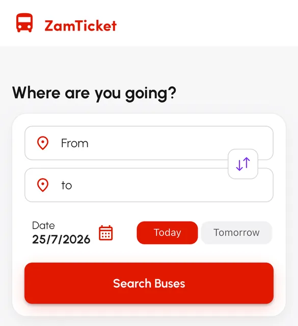 The ZamTicket app: choosing a departure town, destination and travel date
